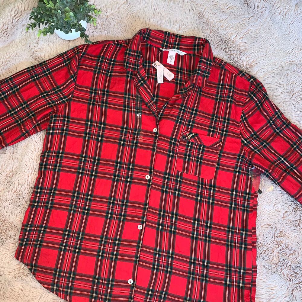 NWT Victoria's Secret Red Plaid Long Sleeve PJ Lounge Button Up Top Large